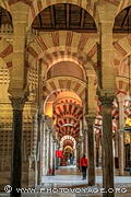 Les doubles arcades bicolores de la mosquée de Cordoue sont soutenues par 
une forêt de colonnes. L'effet de bichromie est obtenu par l'alternance 
de briques et de pierres.