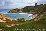 bergerie abandonnée au pied du phare de Pietra et de la tour génoise 
d'île Rousse