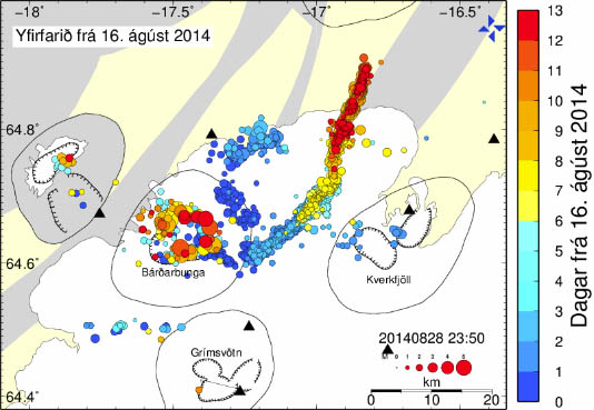 activité sismique du Barbarbunga du 16 au 28 août