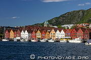 Maisons en bois colorées alignées le long du quai de Bryggen, ancien quartier hanséatique de Bergen.